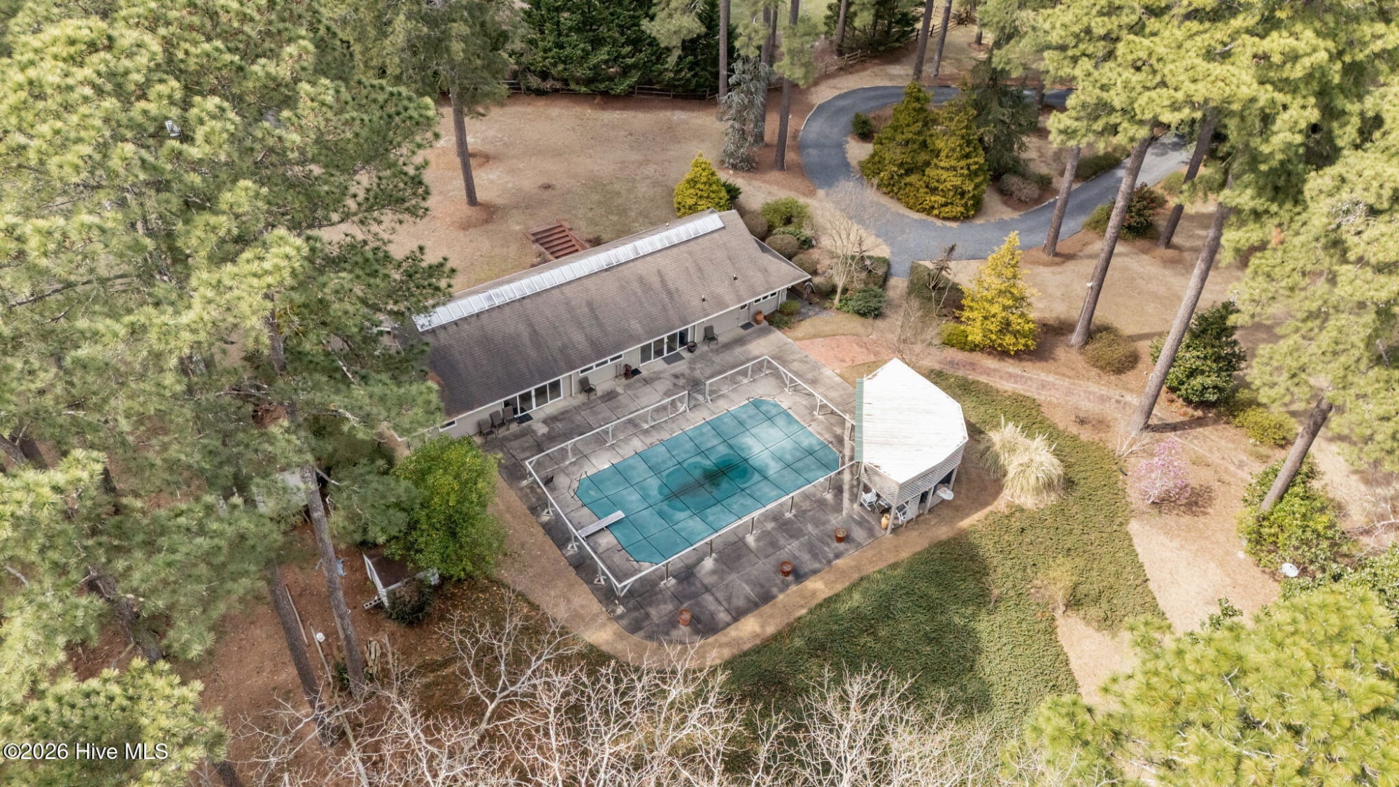 Aerial view of the estate at 667 Yadkin Road, Southern Pines
