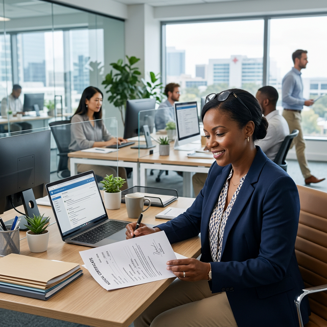 HR manager reviewing a medical certificate document in a modern UK office