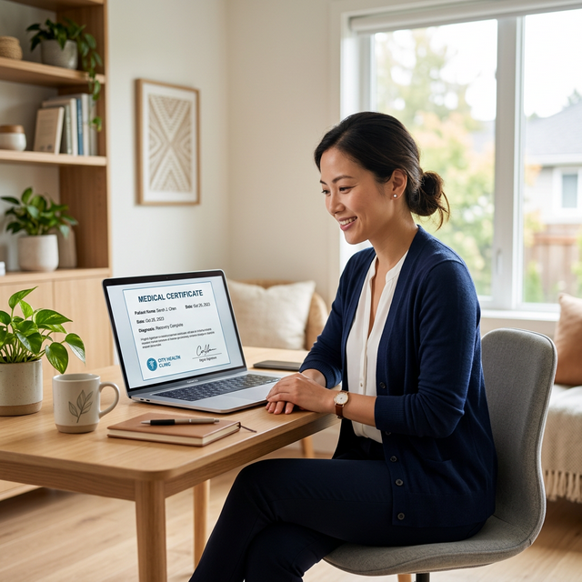 Woman receiving an online medical certificate on her laptop from DoctorCert UK