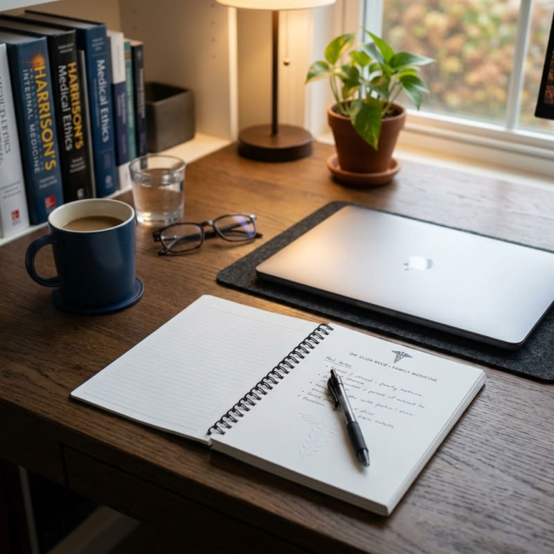 Premium realistic photograph of a professional desk scene at home, soft overhead lighting, a neat laptop and an open paper notebook representing working while on a sick note in the UK.