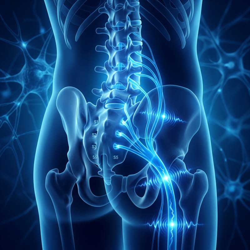Premium clinical abstract illustration representing sciatica with stylized spine structure and a lumbar nerve pathway.