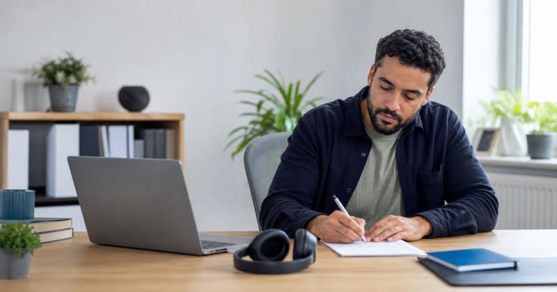 Adult professional using a written task plan in a quiet home office - DoctorCert UK ADHD sick note guide
