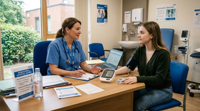 Clinical consultation discussing autonomic care, blood pressure monitoring, and hydration advice - DoctorCert UK POTS guide