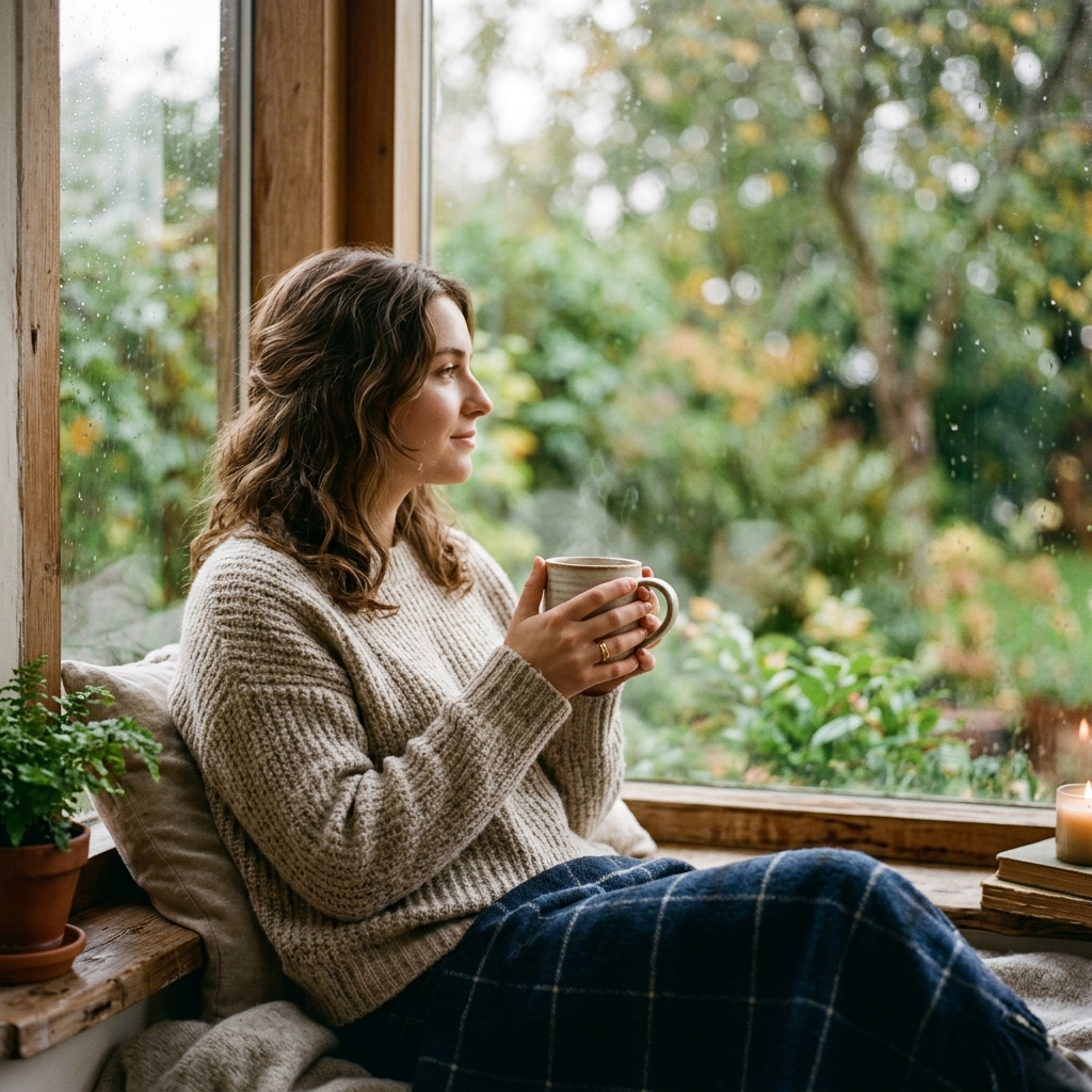 A peaceful scene of a person holding a warm mug by a window, representing mental health recovery and stress relief.