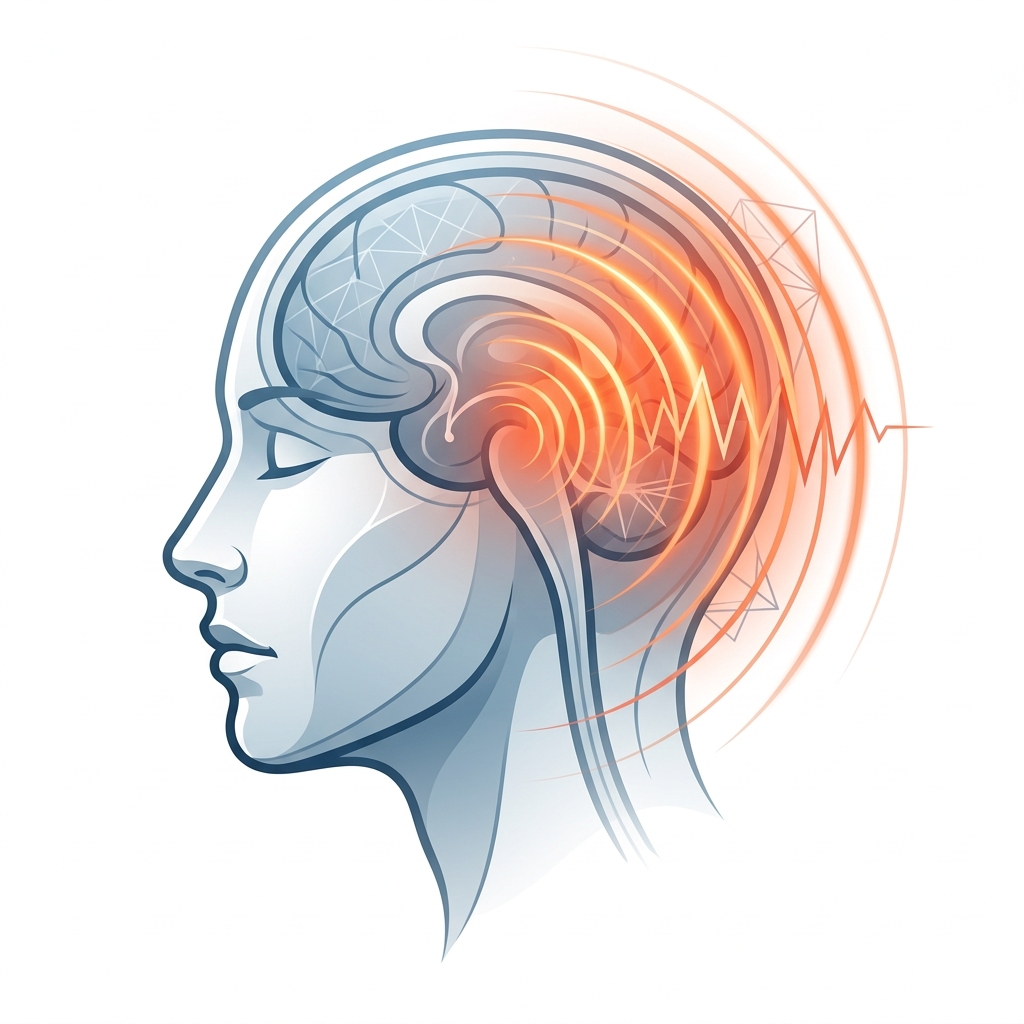 Premium clinical abstract illustration representing a migraine with stylized head and neural activity waves.