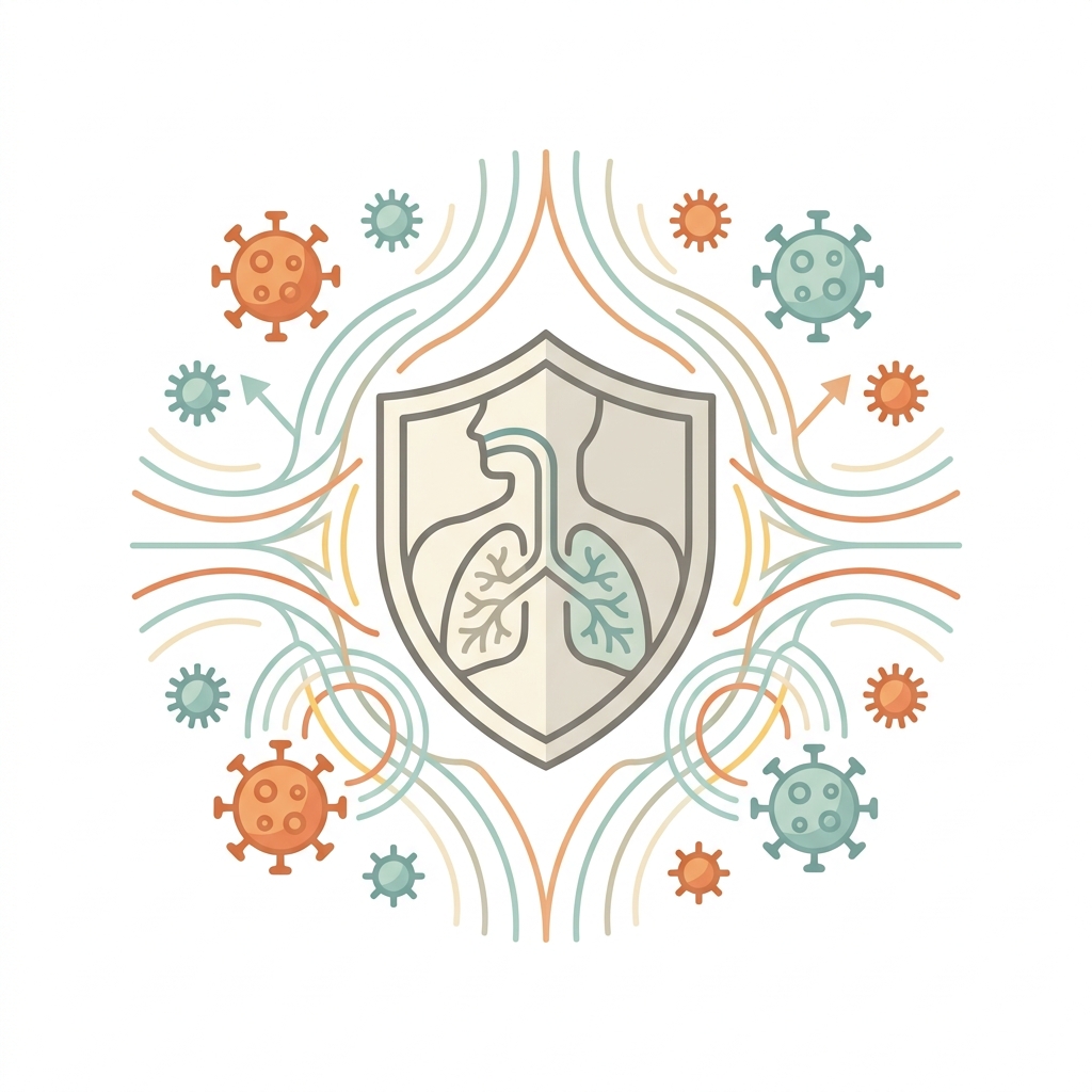 Premium clinical abstract illustration representing influenza with stylized virus structures and a defensive shield.