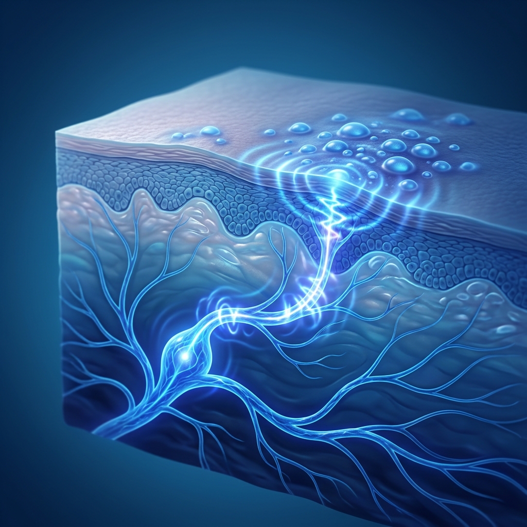 Premium clinical abstract illustration representing shingles with stylized skin layers and a glowing nerve pathway.