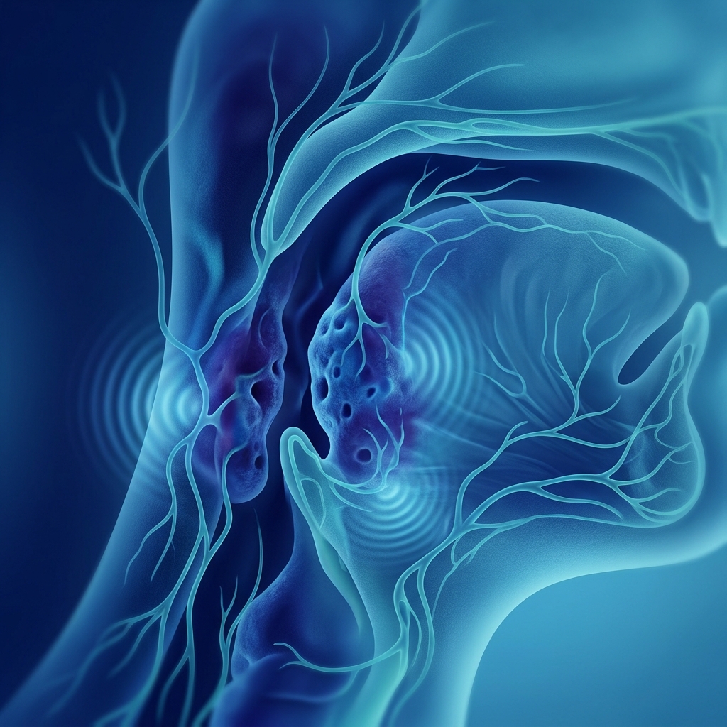 Premium clinical abstract illustration representing tonsillitis with stylized tonsils and lymph system activity.