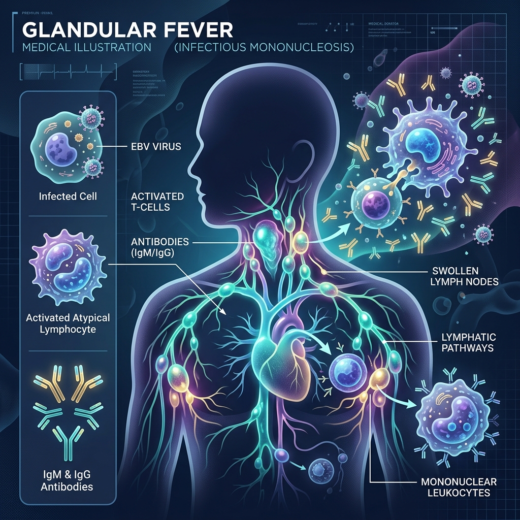 Premium clinical abstract illustration representing glandular fever with stylized immune cells and glowing lymph node pathways.