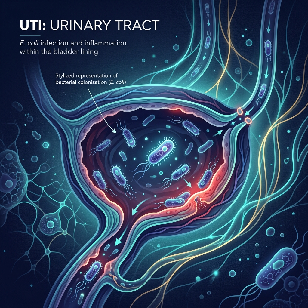 Premium clinical abstract illustration representing a UTI with stylized bladder structures and bacterial patterns.