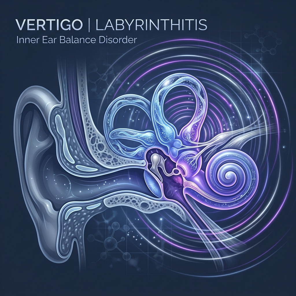 Premium clinical abstract illustration representing vertigo with stylized vestibular canals and balance dynamics.