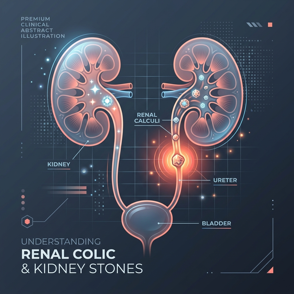 Premium clinical abstract illustration representing kidney stones with stylized kidney structures and crystal/stone patterns.
