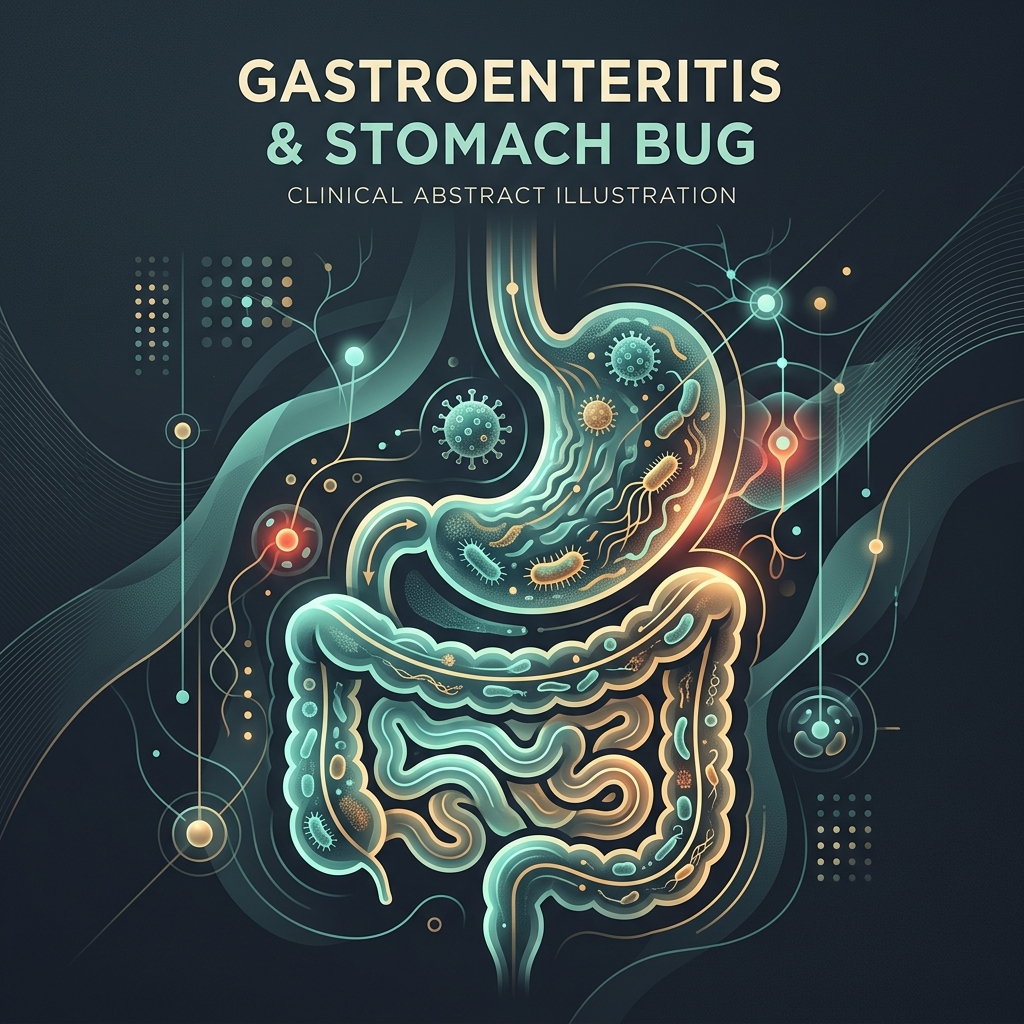 Premium clinical abstract illustration representing gastroenteritis with stylized stomach structures and viral/bacterial patterns.