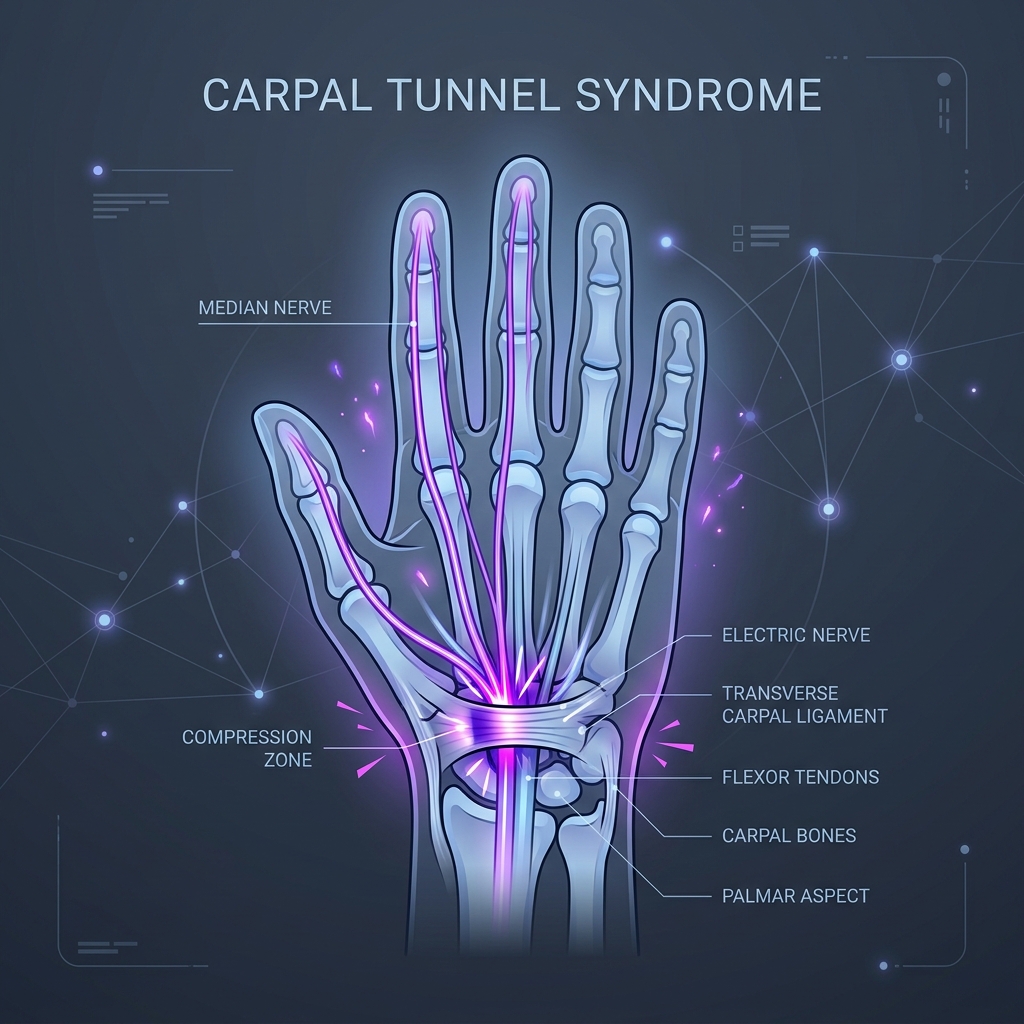 Premium clinical abstract illustration representing carpal tunnel syndrome with stylized hand, wrist, and nerve pathways.