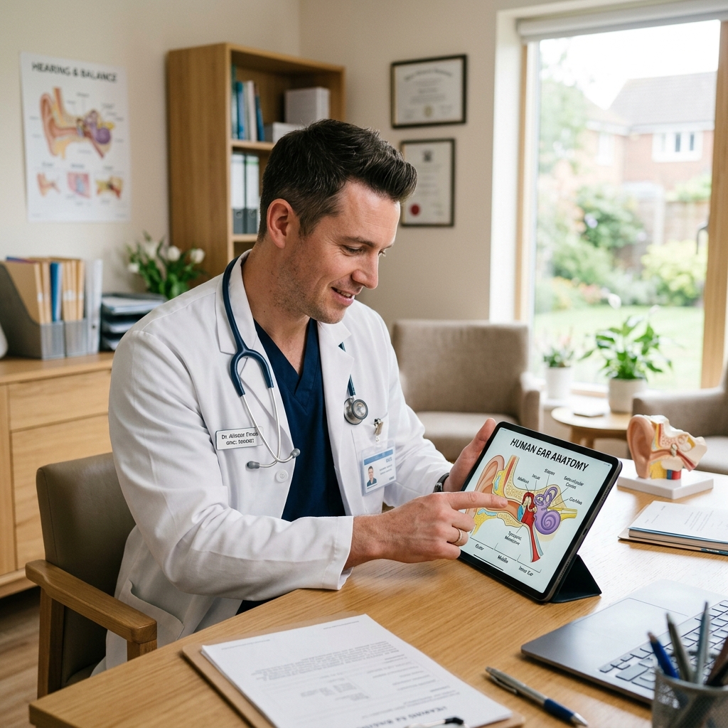 GMC registered doctor examining ear anatomy charts on a tablet for a sick note review - DoctorCert UK