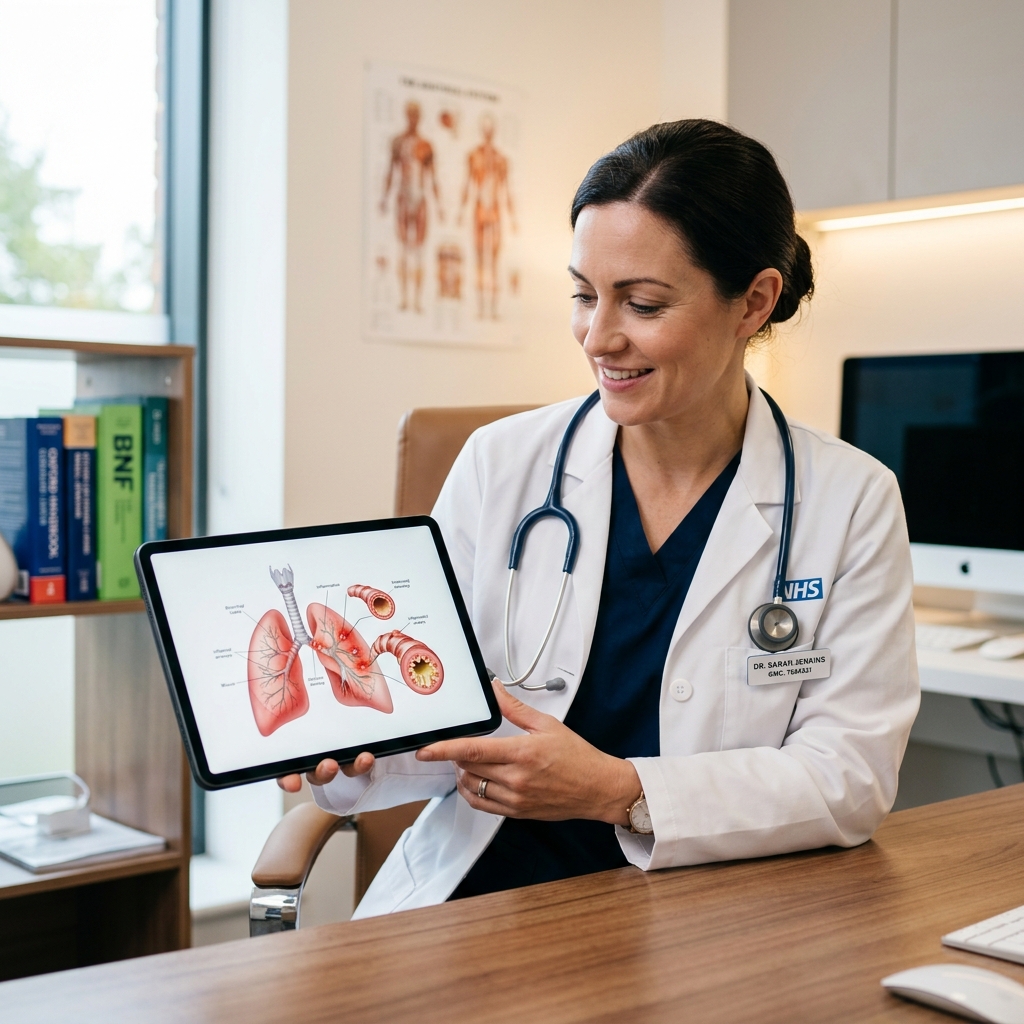 Doctor reviewing a patient's online bronchitis sick note request on a digital tablet - DoctorCert UK