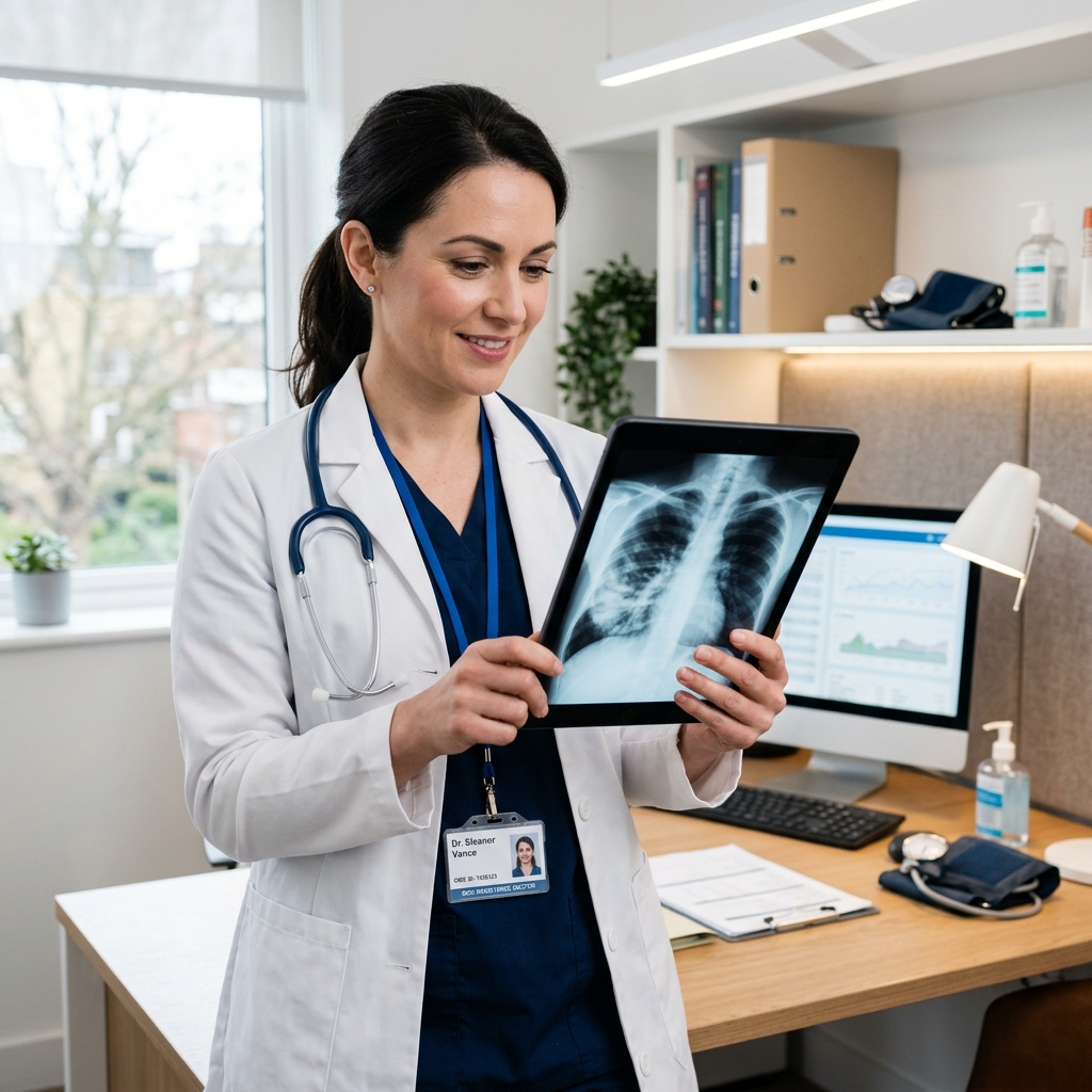 GMC registered doctor assessing clinical records for a pneumonia sick note on a tablet - DoctorCert UK
