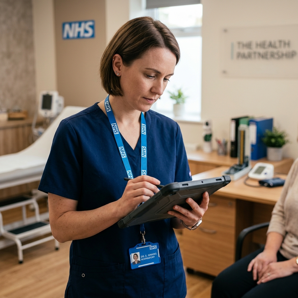 Doctor reviewing a patient's online asthma sick note request on a digital tablet - DoctorCert UK