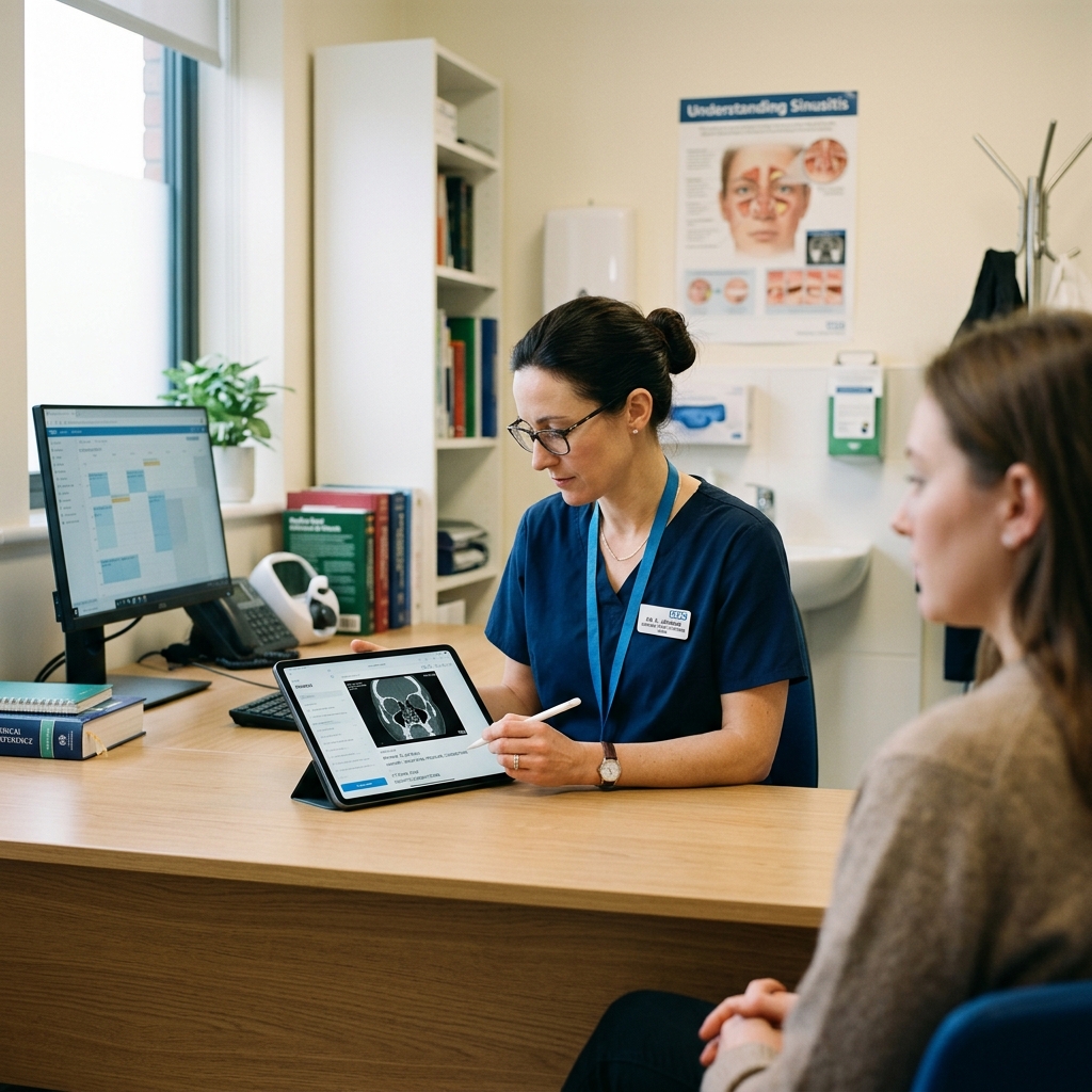 GMC registered doctor assessing clinical records for a sinusitis sick note on a tablet - DoctorCert UK