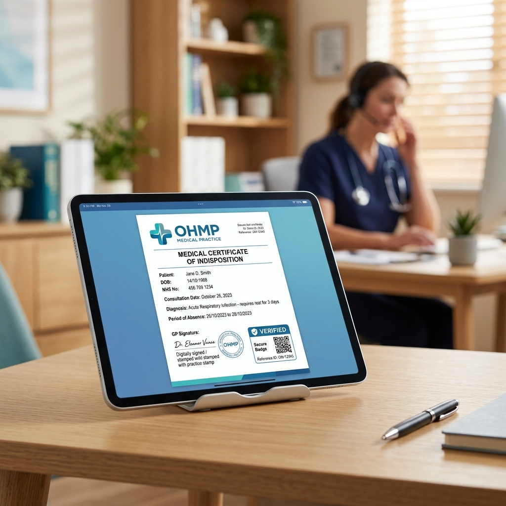 Tablet on a modern desk displaying a secure GP sick note with a medical office background - DoctorCert UK