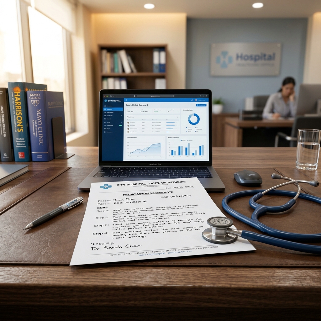 Medical certificate for work on a corporate desk with a stethoscope and laptop - DoctorCert UK