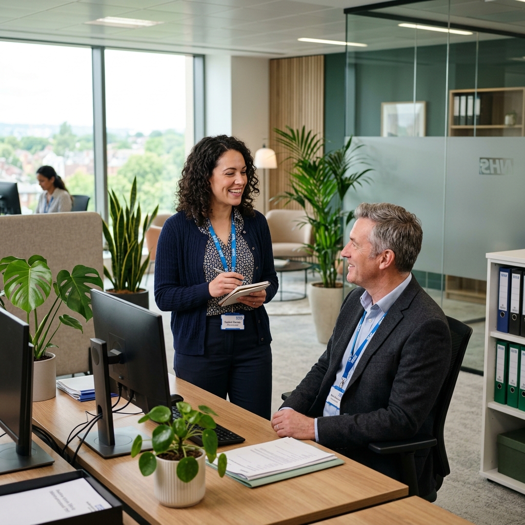 A supportive workplace discussion in a modern UK corporate office - DoctorCert UK