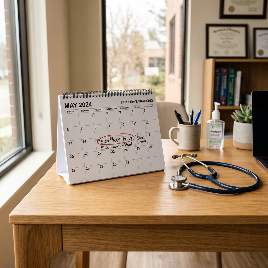A clean medical setup showing a calendar and a stethoscope on a wooden table - DoctorCert UK