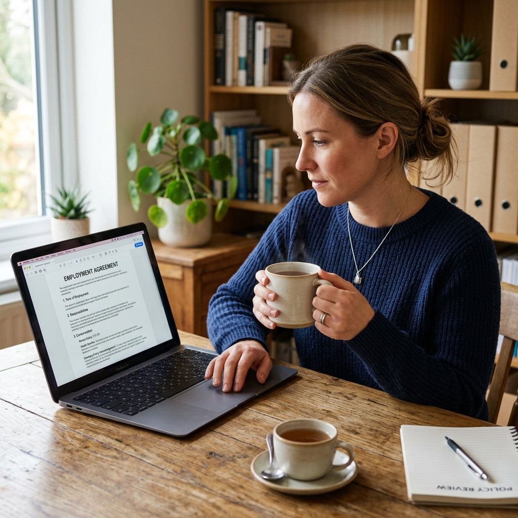 An office worker reviewing an employment contract next to a warm cup of tea - DoctorCert UK