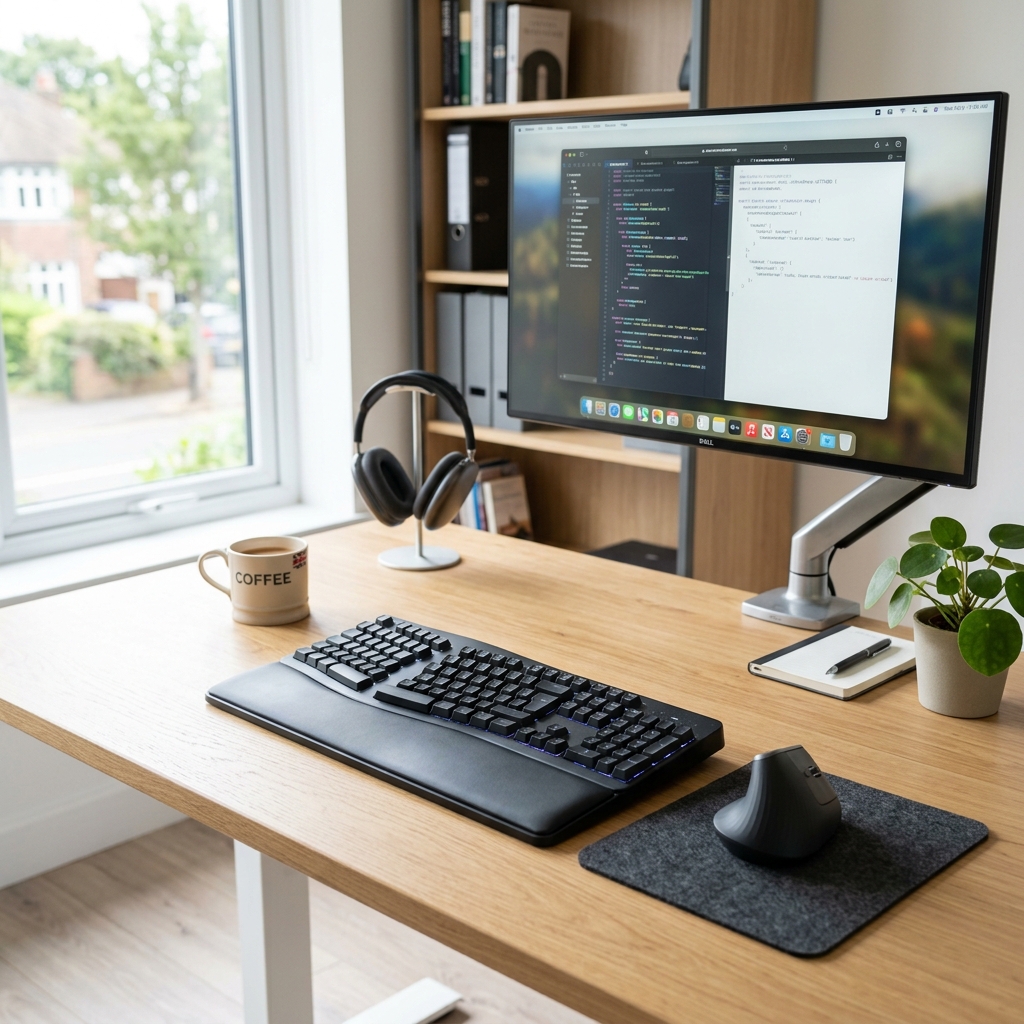 A modern workspace showing an ergonomic keyboard and mouse on a clean desk - DoctorCert UK