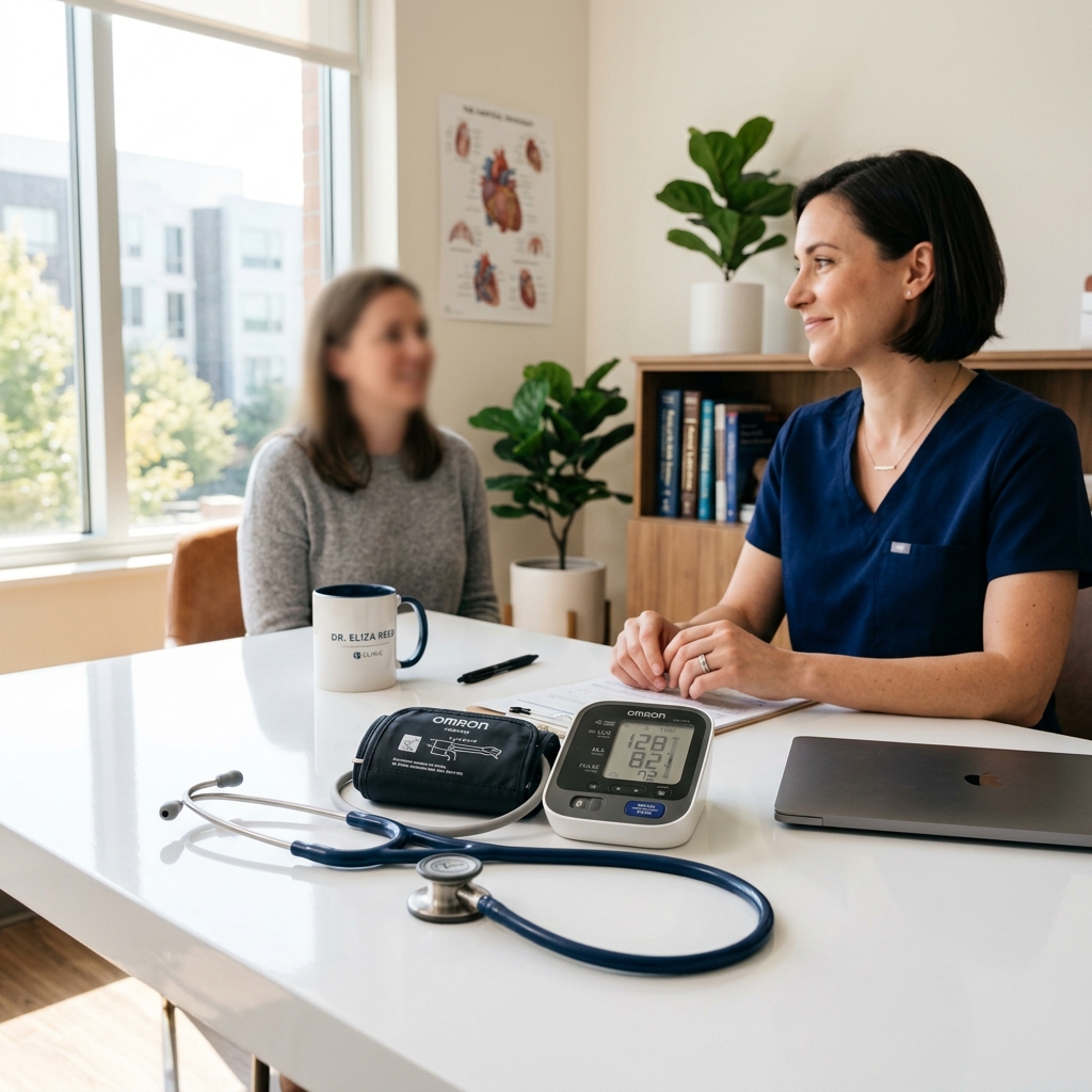 A clinical setting with a stethoscope and digital blood pressure monitor - DoctorCert UK