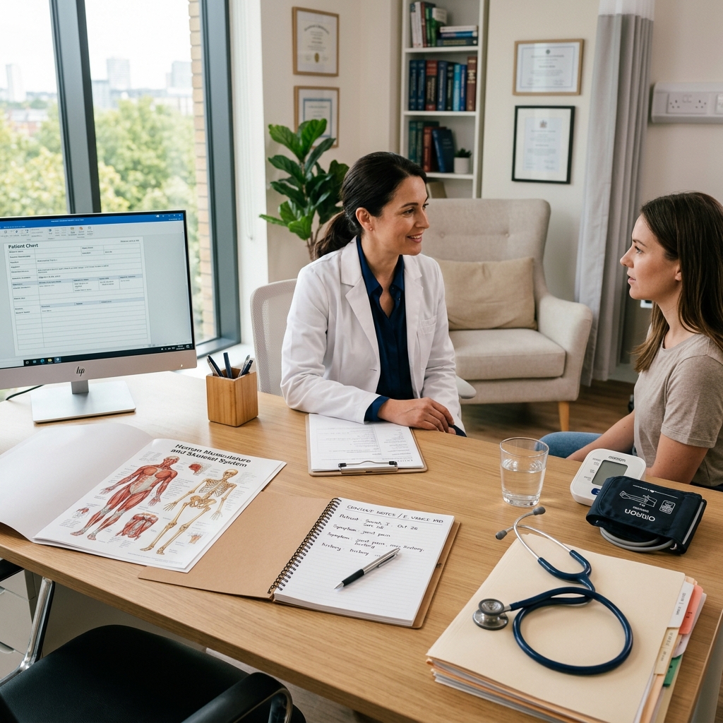 A medical consultation room with diagnostic materials on a desk - DoctorCert UK