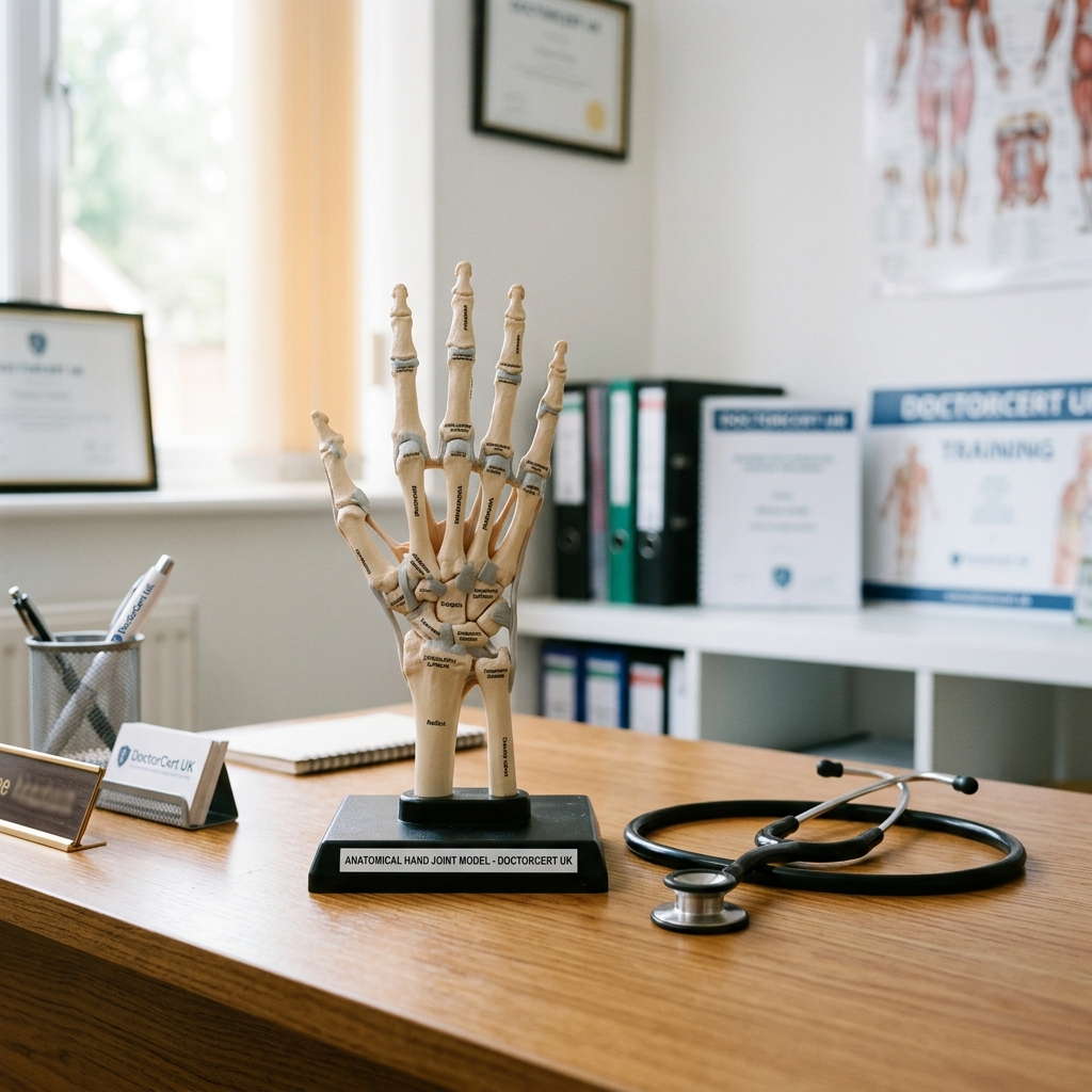 A clinical desk displaying a medical anatomical model of a human hand joint alongside a stethoscope - DoctorCert UK