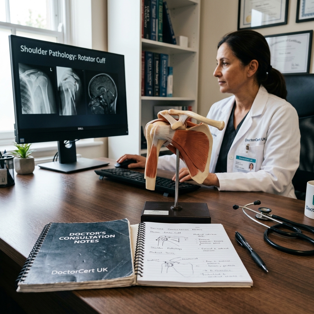 A modern medical workspace showing a realistic anatomical model of the human shoulder joint next to a doctor's notebook and pen on a clinical desk, professional medical setting, photorealistic - DoctorCert UK