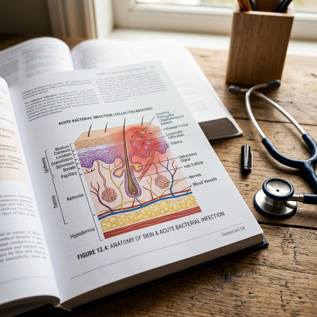 A close-up of a clinical textbook page displaying a diagram of human skin layers (epidermis, dermis) highlighting a localized bacterial infection area with a stethoscope beside it on a desk, warm clinical lighting, photorealistic - DoctorCert UK