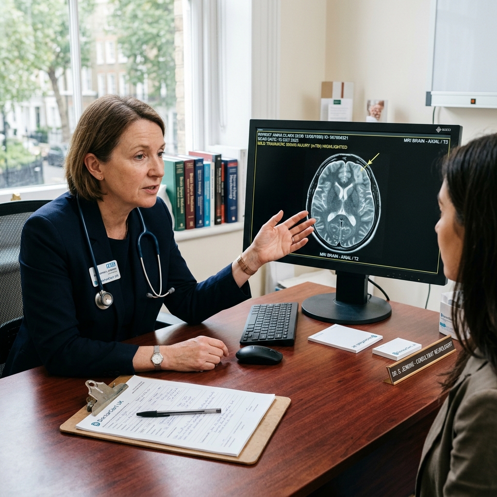 A clinical consultation desk featuring a high-resolution brain scan (MRI) showing a mild traumatic brain injury highlighting on a screen, with a medical clipboard and pen in the foreground, soft natural light, photorealistic - DoctorCert UK