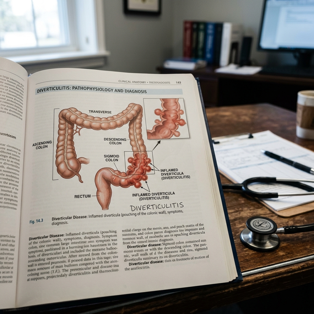 A close-up of a clinical textbook page showing a detailed anatomical diagram of the human large intestine (colon) highlighting diverticulitis pouches, with a stethoscope beside it on a physician's desk, soft professional lighting, photorealistic - DoctorCert UK