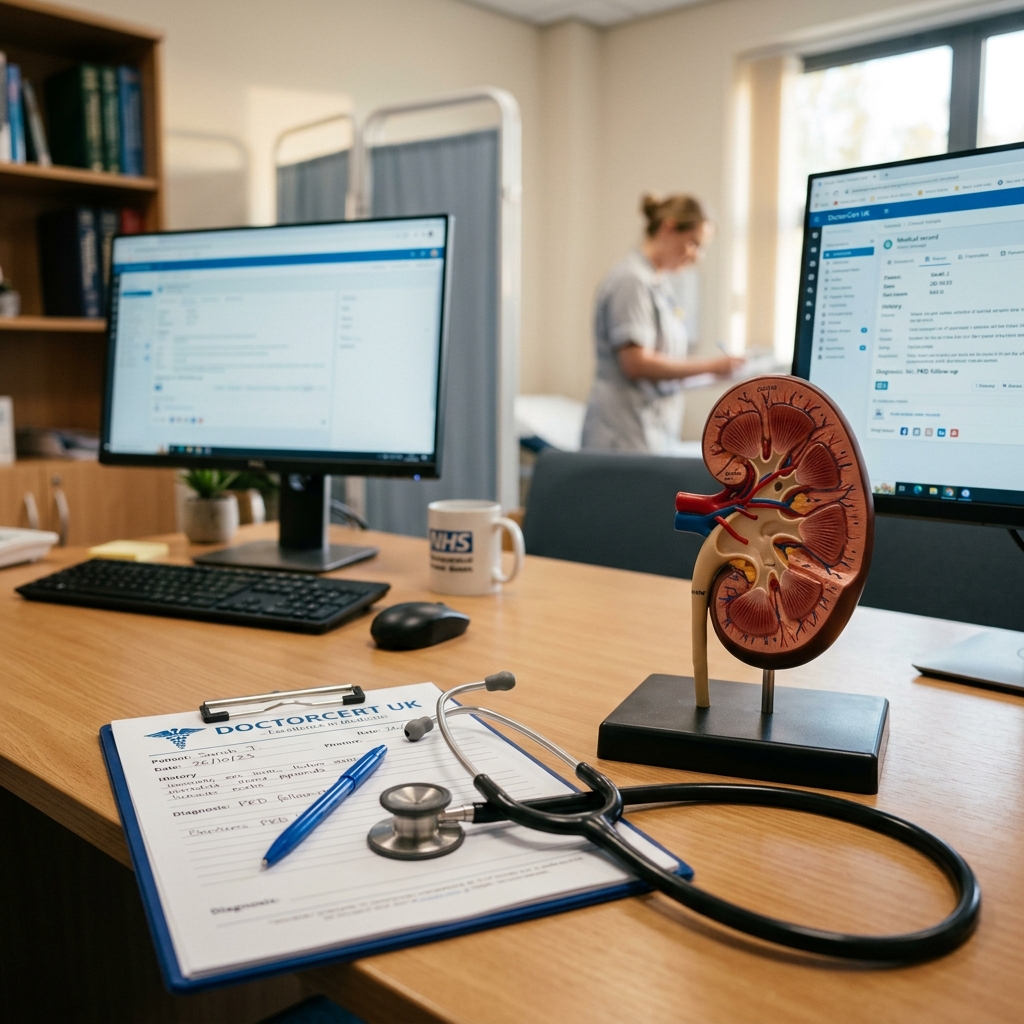 A clinical consultation desk featuring a detailed anatomical model of a human kidney showing renal structures, with a doctor's stethoscope and medical clipboard nearby, soft warm office light, photorealistic - DoctorCert UK
