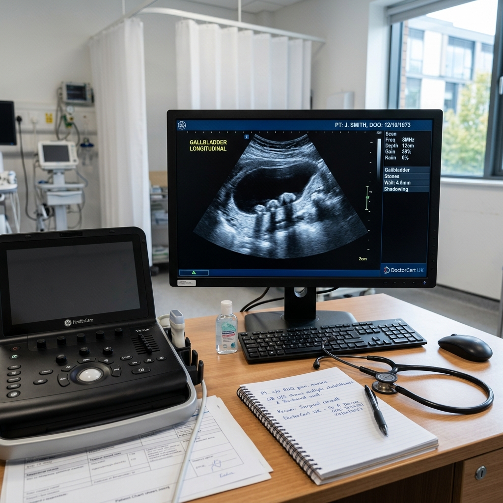 A clinical diagnostic screen displaying a high-resolution ultrasound scan of a gallbladder with gallstones, next to a stethoscope and notebook on a desk, modern medical setting, photorealistic - DoctorCert UK