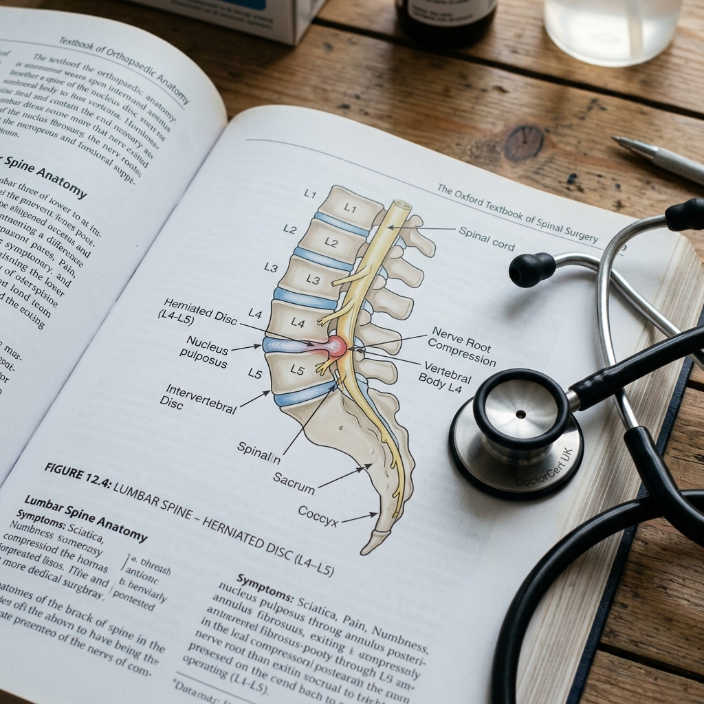 A close-up of a clinical textbook page showing a detailed anatomical diagram of the human lower spine with a herniated or slipped disc in the lumbar region, with a doctor's stethoscope lying on the page on a wooden desk, soft professional lighting, photorealistic - DoctorCert UK