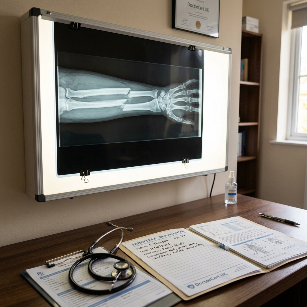 A clinical diagnostic light box displaying a high-resolution X-ray film of a fractured arm bone (radius or ulna) with a clear fracture line, next to a stethoscope and a patient file on a desk, warm professional lighting, photorealistic - DoctorCert UK