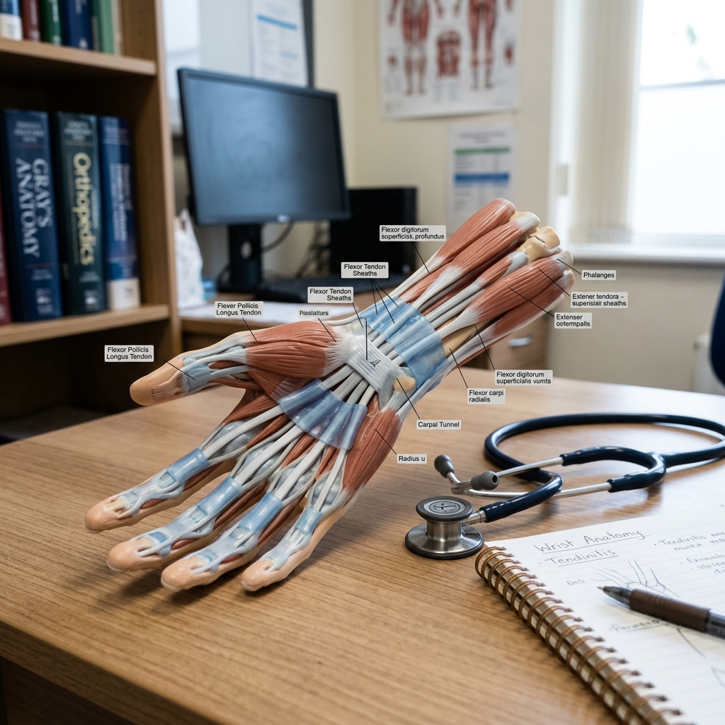 A detailed anatomical model of a human wrist and hand highlighting the tendons and tendon sheaths, resting on a clinical consultation desk next to a doctor's stethoscope and a notebook, soft professional lighting, photorealistic - DoctorCert UK