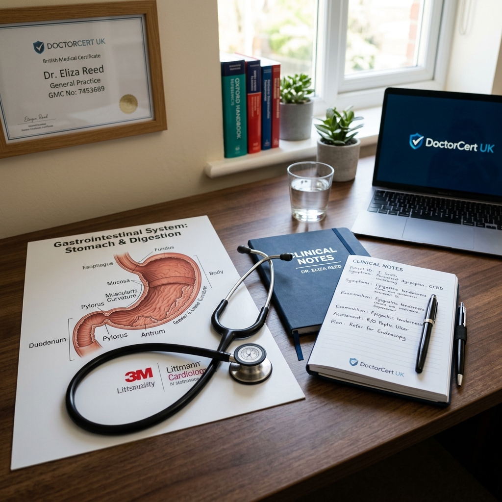 A professional medical desk showing a stomach anatomy chart, a stethoscope, and a clinical notebook, soft indoor lighting, photorealistic - DoctorCert UK