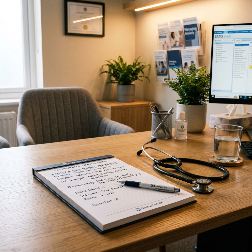A clinical consulting room desk displaying a medical notebook open to a page about anxiety and panic disorder management, with a stethoscope and glass of water, warm professional clinic lighting, photorealistic - DoctorCert UK