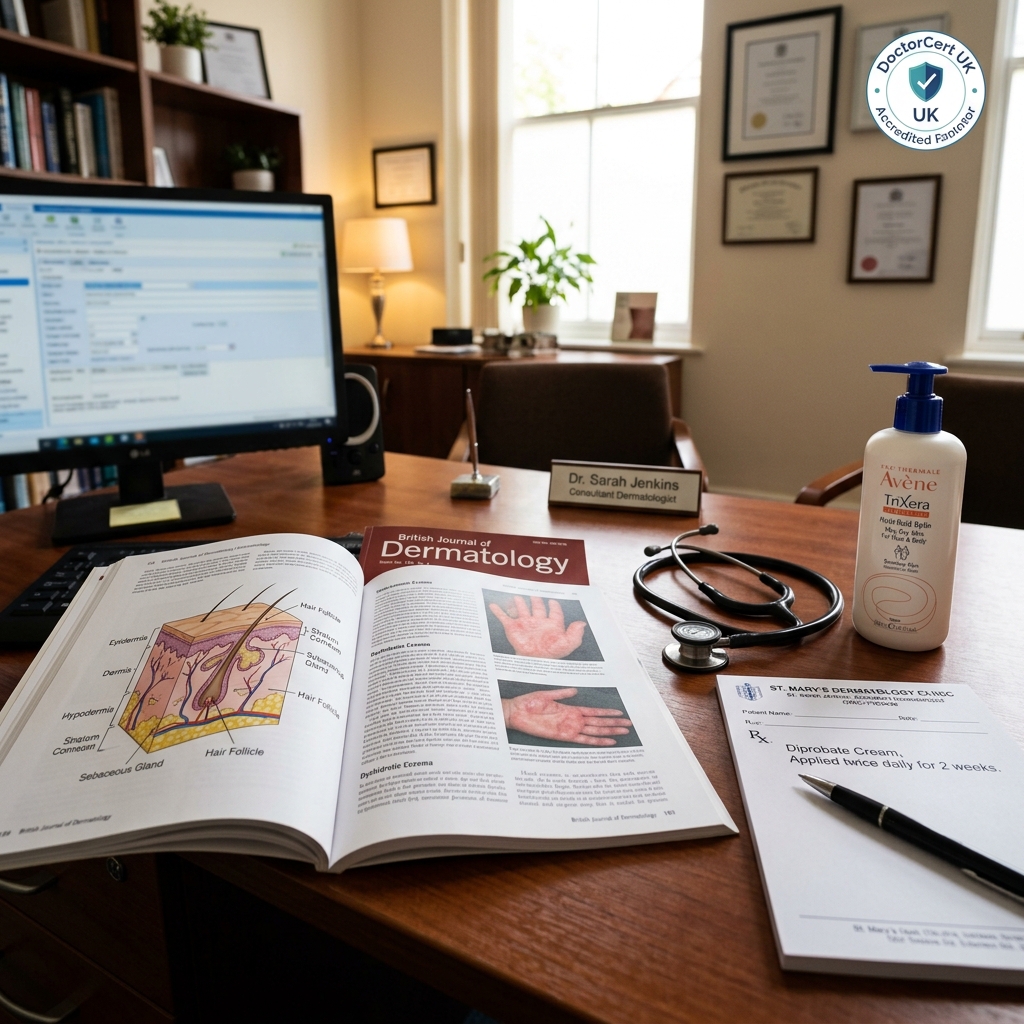 A photo-realistic clinical view of a dermatologist's consultation desk with open dermatological medical journal displaying clinical diagrams of skin layers and hand eczema, a stethoscope, and an emollient pump bottle under warm natural light - DoctorCert UK