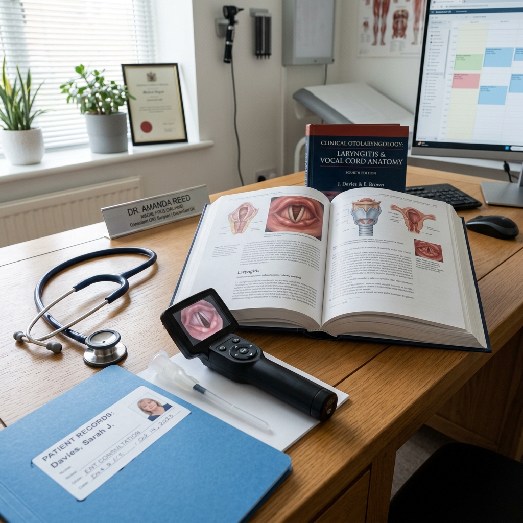 A photo-realistic clinical view of an ENT consulting room desk with open clinical textbook on laryngitis and vocal cord anatomy under soft natural window light, a stethoscope, and a patient folder - DoctorCert UK