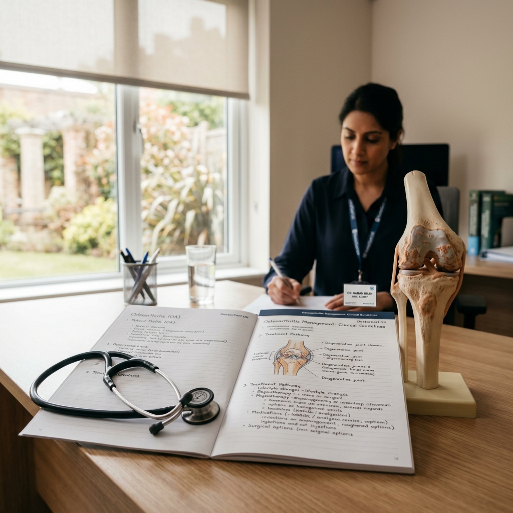 A photo-realistic clinical consulting desk with an anatomical knee skeletal model showing joint wear, an open medical reference notebook on osteoarthritis management, and a stethoscope under warm natural window light - DoctorCert UK