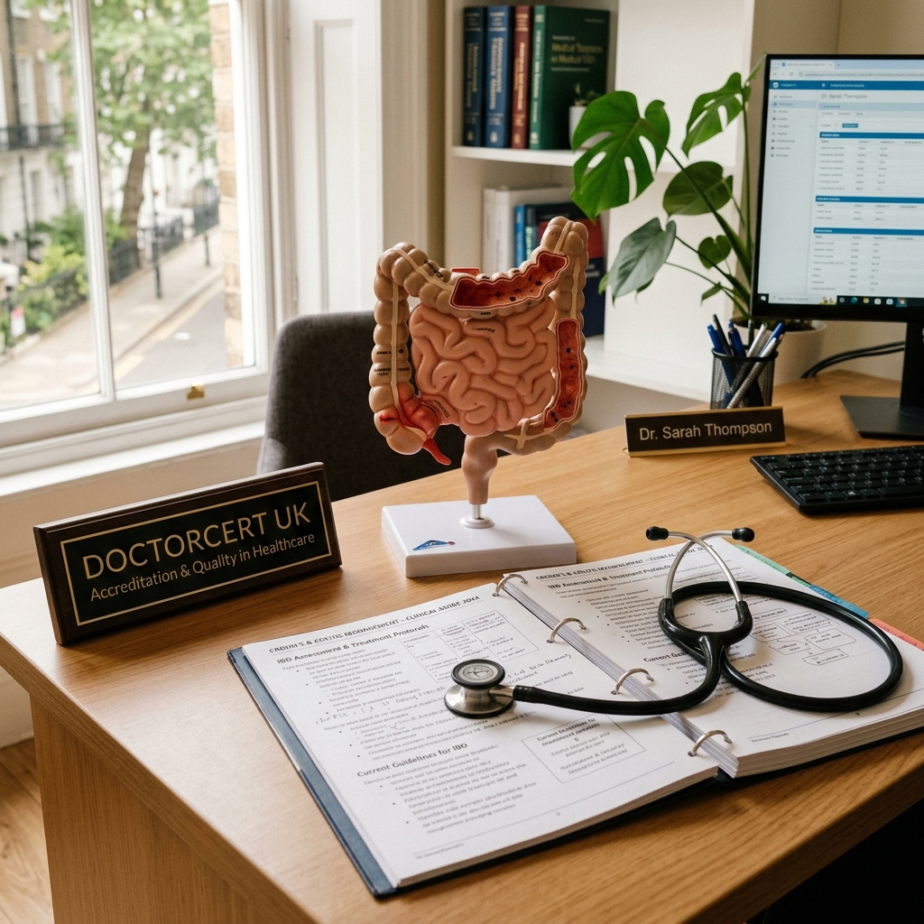 A photo-realistic clinical consulting desk with an anatomical model of the colon and small intestine, an open medical reference notebook on Crohn's and Colitis management, and a stethoscope under warm natural window light - DoctorCert UK