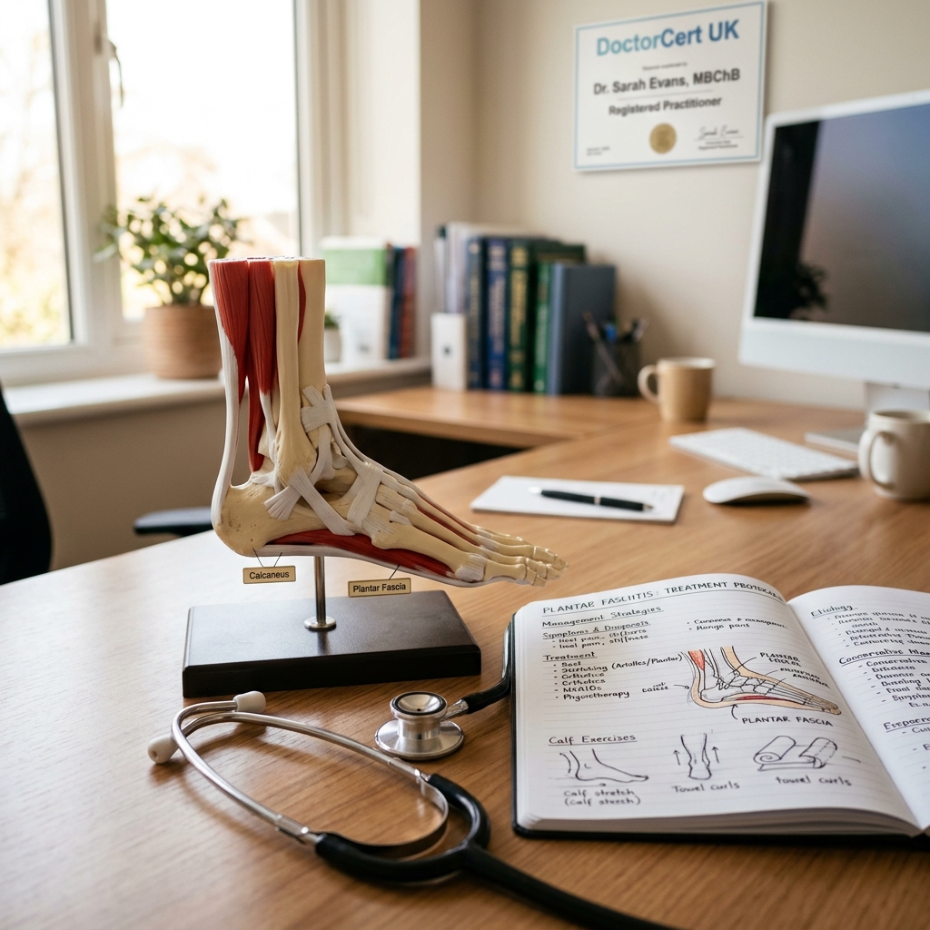 A photo-realistic clinical consulting desk with an anatomical foot and ankle model showing the plantar fascia ligament, an open medical reference notebook on plantar fasciitis treatment, and a stethoscope under warm natural window light - DoctorCert UK