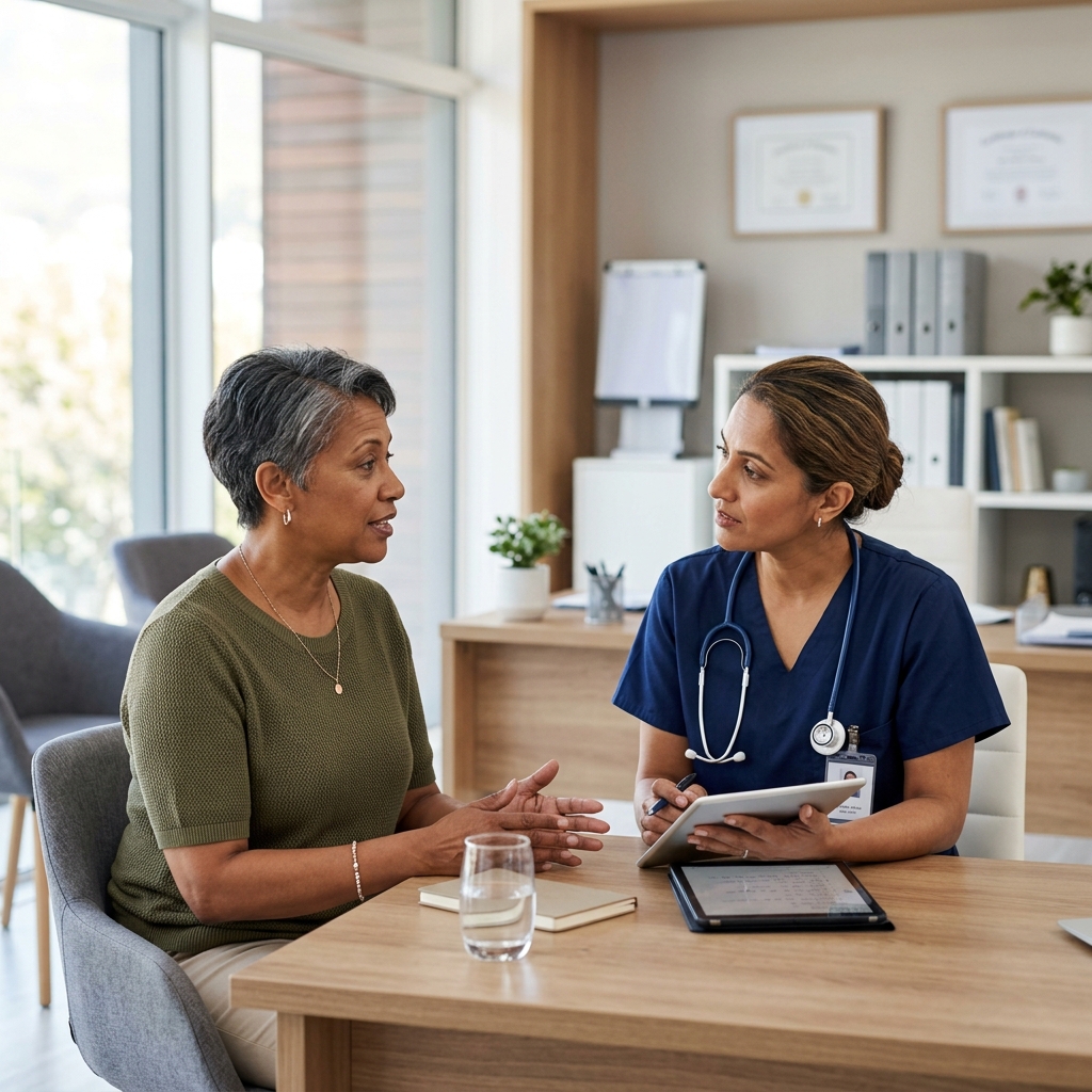 A photo-realistic clinical consulting room with a supportive doctor speaking with a professional woman in her early 50s under warm natural window light - DoctorCert UK