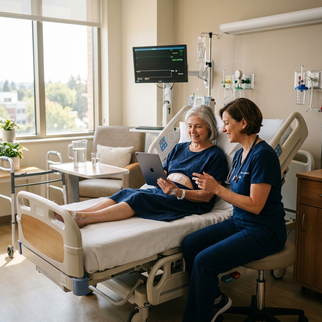 A photo-realistic clinical consulting desk with an anatomical abdomen model showing the appendix, surgical recovery guides, and a stethoscope under warm natural window light - DoctorCert UK
